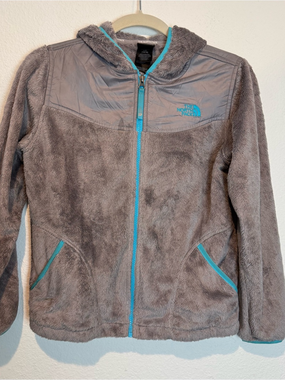 The North Face Girl's Osito Hooded Soft Jacket Girls Sz L (14/16) Gray and Aqua